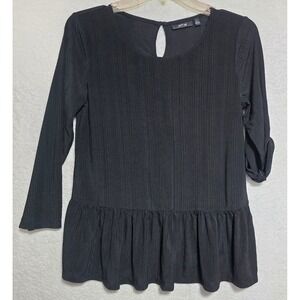 Apt 9 Black Ribbed Peplum Top Roll Tab Sleeve Keyhole Back XS